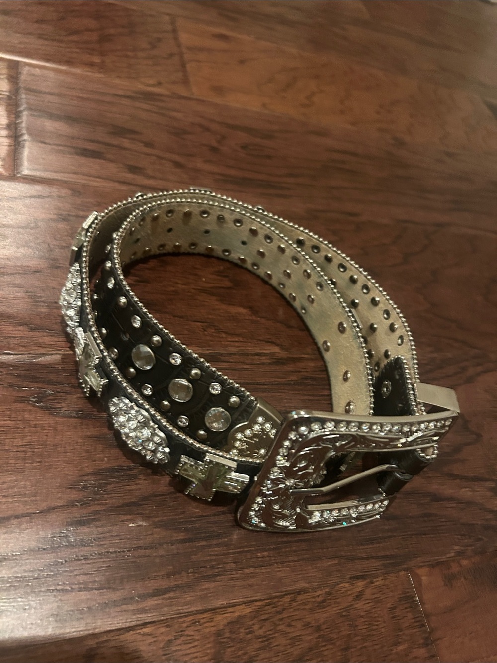 Rare Nacona Black Rhinestone Western Genuine Leather Belt with Crosses & Conches